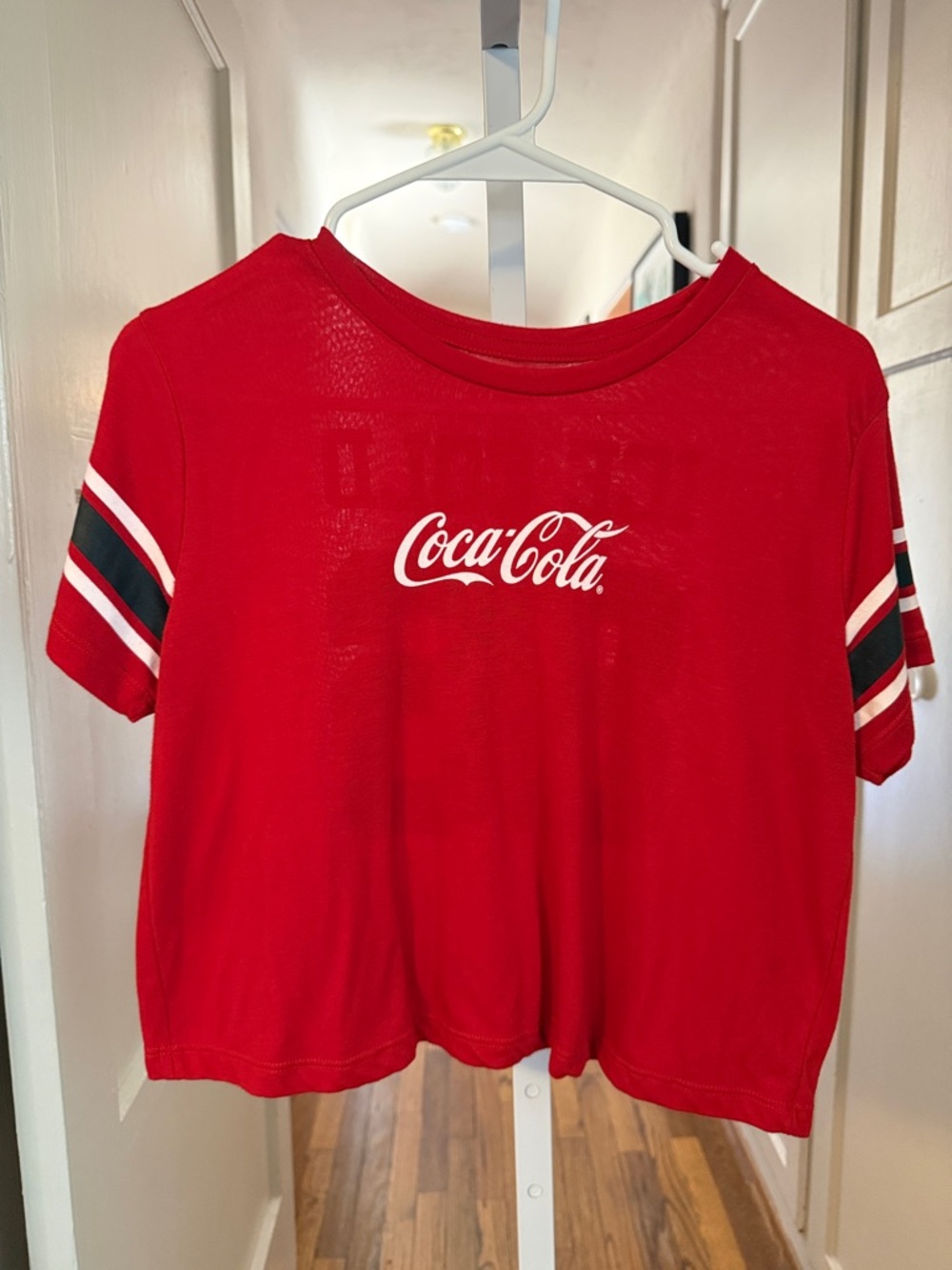 Coca Cola Red Cropped Tee with Striped Sleeve Detail